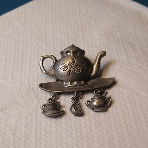 Vintage Silver Teapot Brooch with Charms